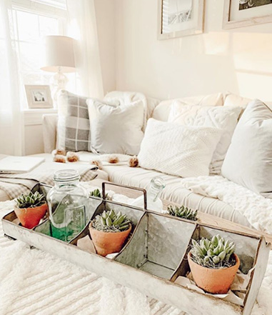 Farmhouse style living room with section tray