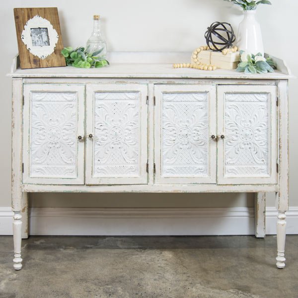 distressed white buffet table